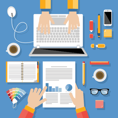 Flat image depiction of two people working on designing a custom layout for a website