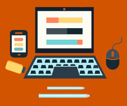 Orange backgrounded flat image depiction of a monitor working on creating a responsive layout