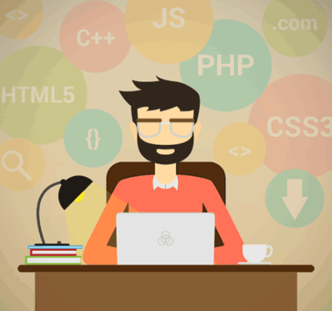 Flat image depiction of a web-developer working on a laptop